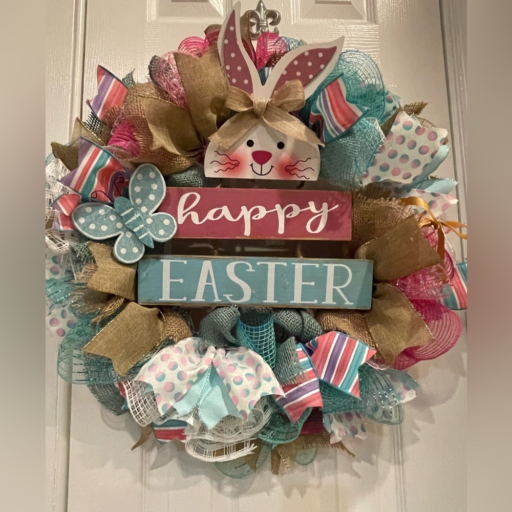 Easter BUNNY Wreath, Spring Wreath “Happy Easter” Bunny wreath, EASTER DECOR
